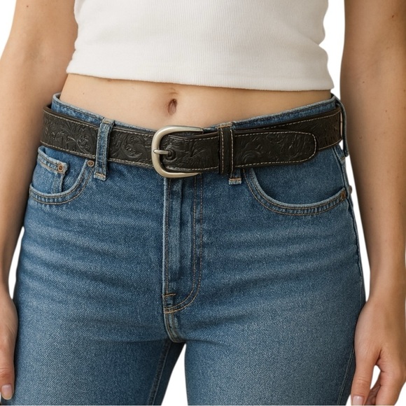 Warehouse One Accessories - Warehouse One Embossed Black Leather Belt Medium Silver Buckle
